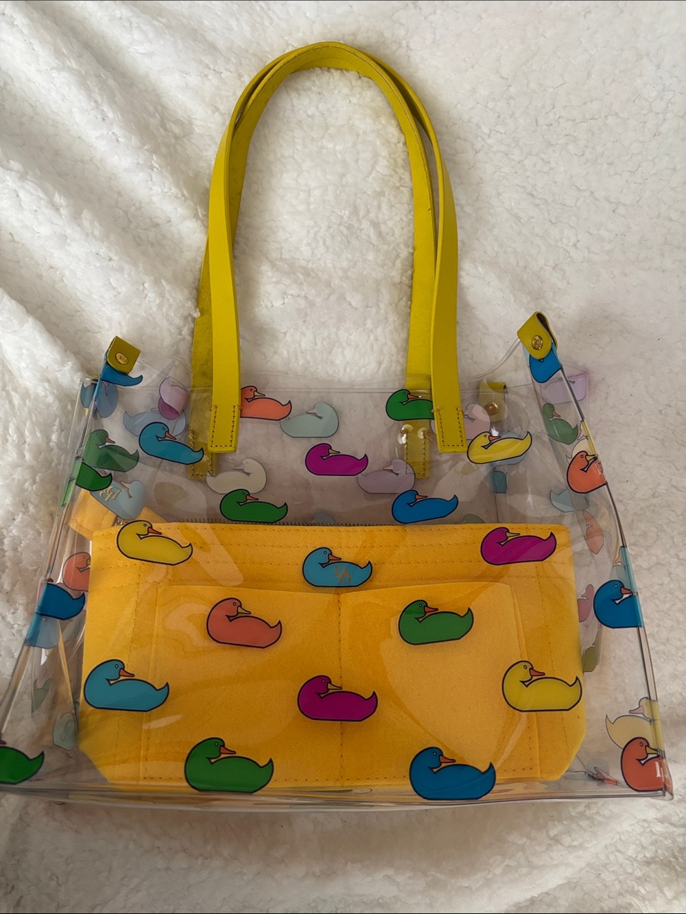 Dooney & Bourke Clear Tote with Yellow Handles and Multicolor Duck Print